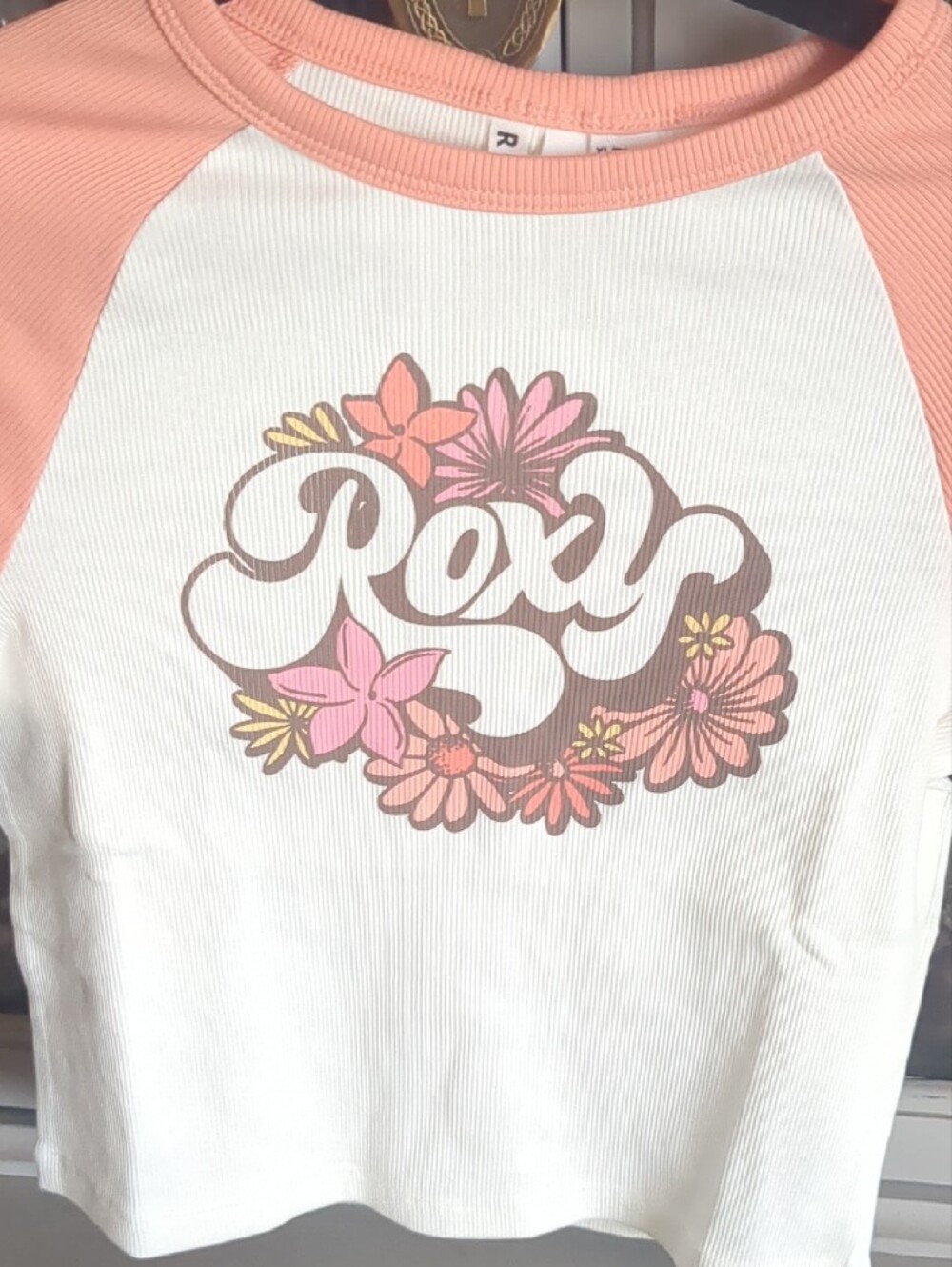Roxy Peach Short Sleeve Floral Logo Raglan Tee